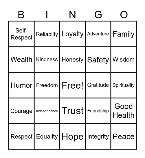 Values Bingo Card