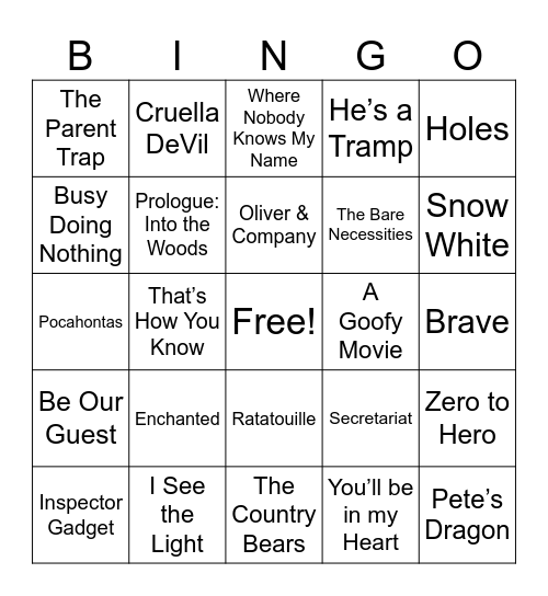 Disney Music BINGO Card