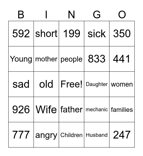 Family and Numbers Bingo Card