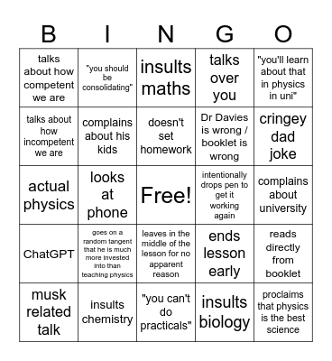 A typical Dr Davies' physics lesson Bingo Card