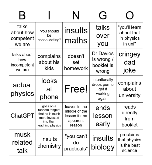 A typical Dr Davies' physics lesson Bingo Card