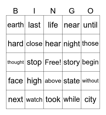 HF Words Bingo Card