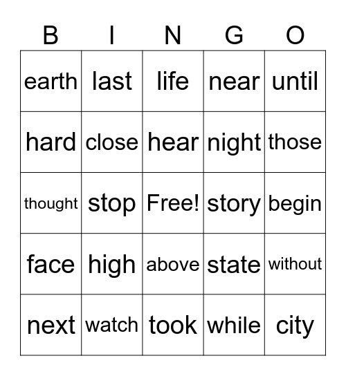 HF Words Bingo Card