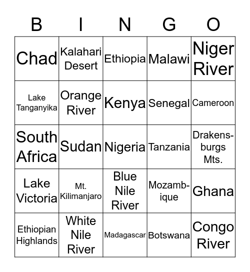 World Cultures: Africa  Bingo Card