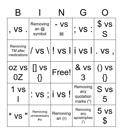 Kofax Punctuation Bingo Card