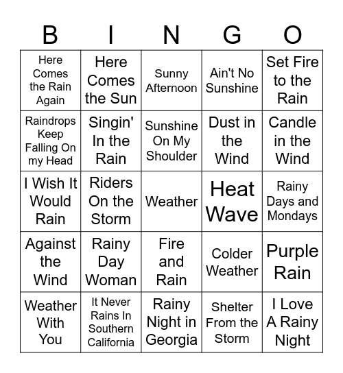 Weather Songs Bingo Card