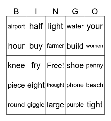 sight word bingo Card