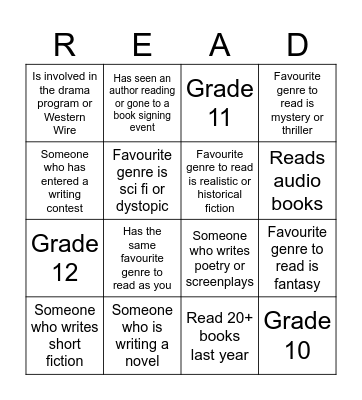 Meet your Creative Writing Class Bingo Card