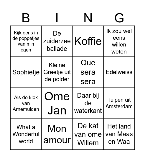 Muziekbingo Geheugenkoor Bingo Card
