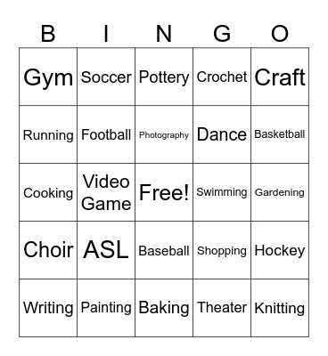 Hobby ASL Bingo! Bingo Card