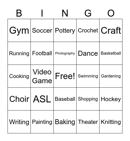 Hobby ASL Bingo! Bingo Card
