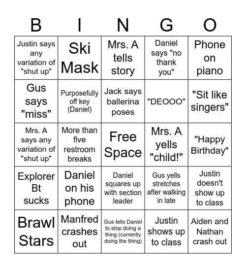 5th Period Choir Bingo Bonanza Bingo Card