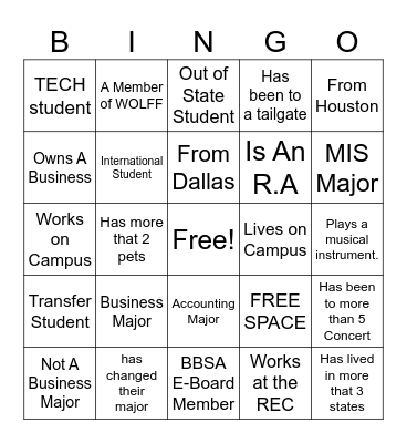BBSA Bingo Card