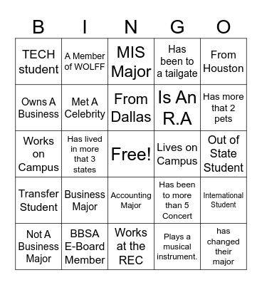 BBSA Bingo! Bingo Card
