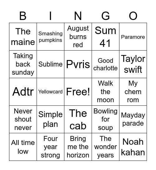 Warped tour Bingo Card