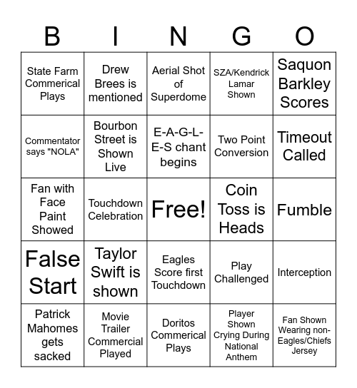 Chiefs vs Eagles Bingo Card