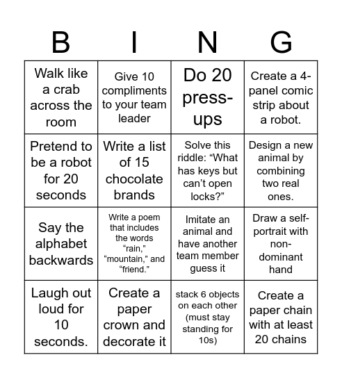 TT Bingo Challenge Bingo Card