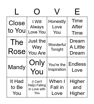 Love Songs Bingo Card