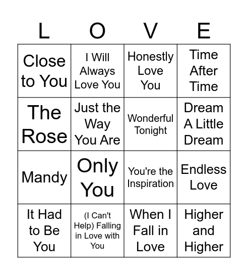 Love Songs Bingo Card