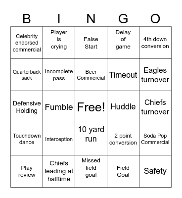 Super Bowl 2025 Bingo Card