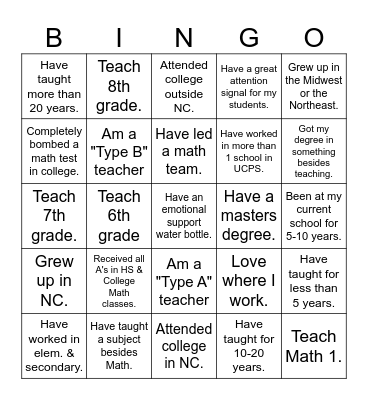 Math Teachers Bingo Card