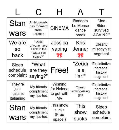Grande Fratello Puntata Crashout Bingo Card