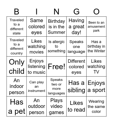 Characteristic Bingo Card