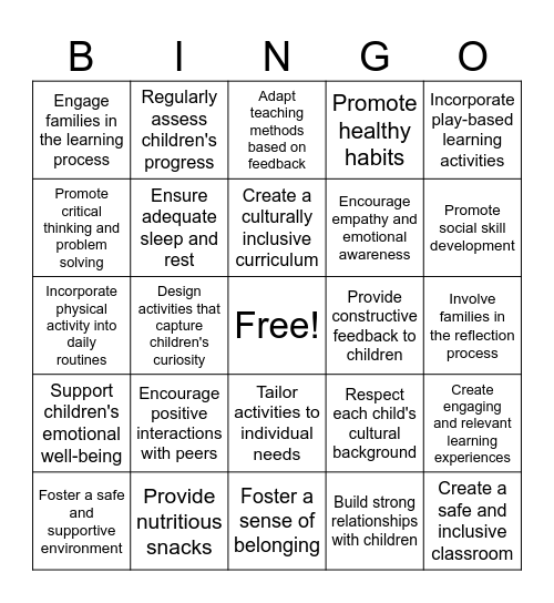 Planning & Reflecting Bingo Card