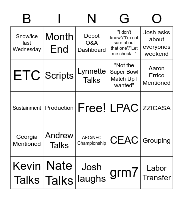 Weekly Tag Up 1/27 Bingo Card