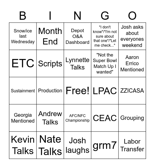 Weekly Tag Up 1/27 Bingo Card
