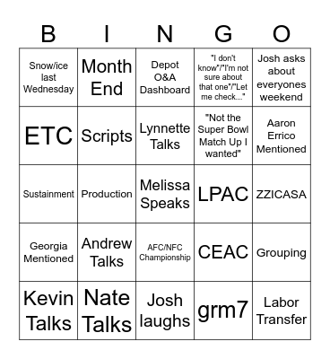 Weekly Tag Up 1/27 Bingo Card