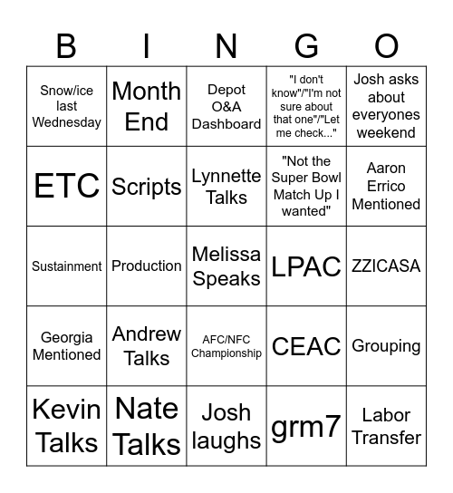 Weekly Tag Up 1/27 Bingo Card