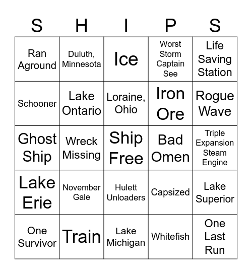 Big Old Boats Bingo Card