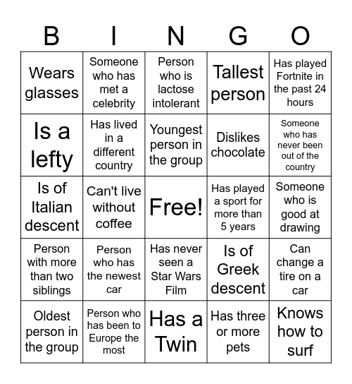 EF Tours - Get To Know Each Other Bingo Card