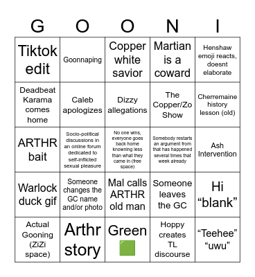 Goon Cabal Bingo Card