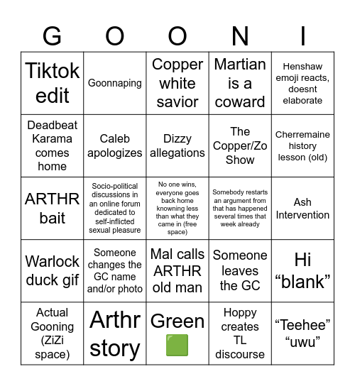 Goon Cabal Bingo Card