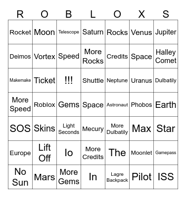 Space Conact Roblox Bingo Card