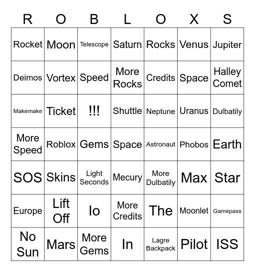 Space Conact Roblox Bingo Card