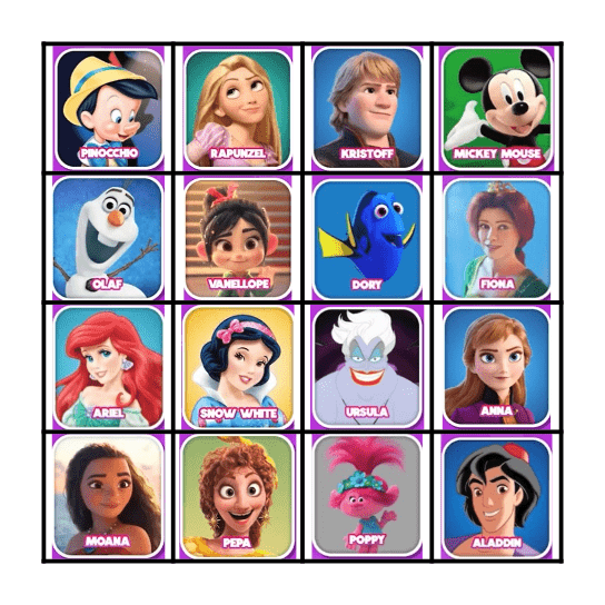 Disney Character Bingo Card