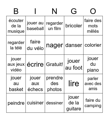 Les activités Bingo Card