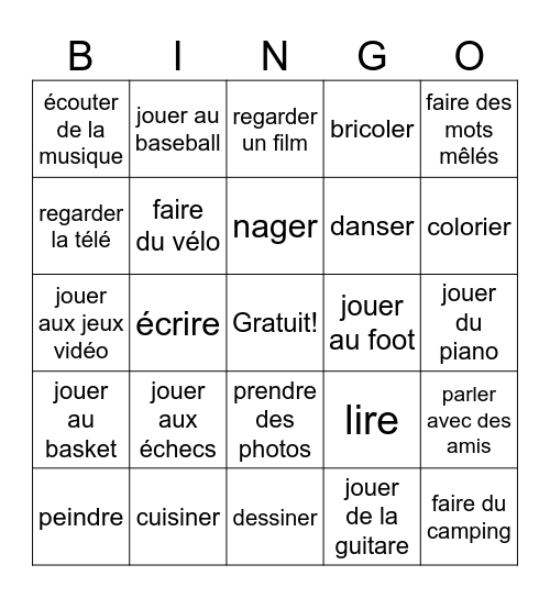 Les activités Bingo Card