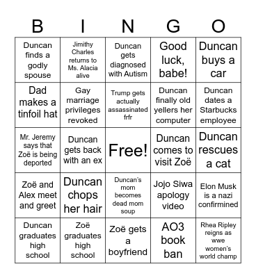 Duncan and Zoë’s 2025 Bingo Card Bingo Card
