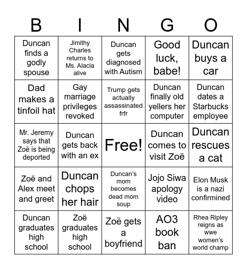 Duncan and Zoë’s 2025 Bingo Card Bingo Card