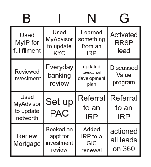 Investment Season Bingo Card