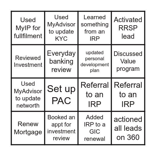 Investment Season Bingo Card