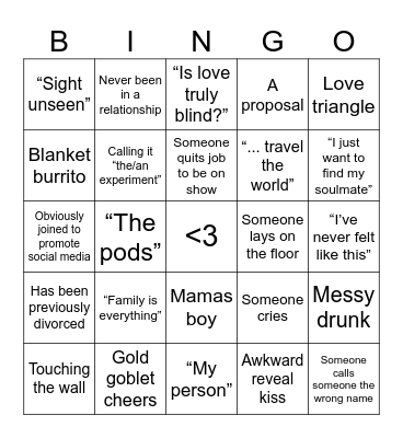 Love is Blind Bingo Card