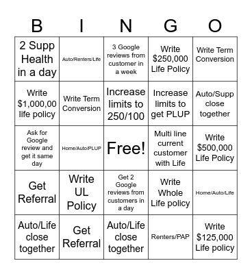 Life Promo Bingo Card