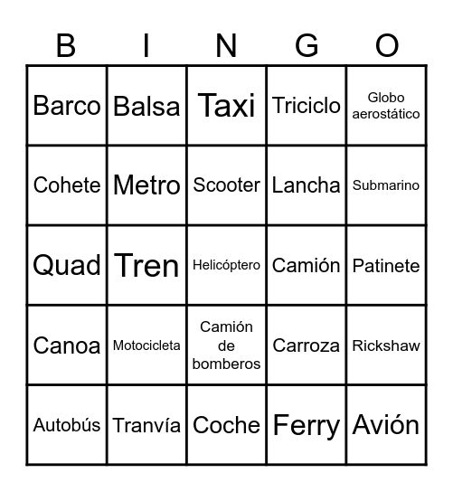 medios de transporte Bingo Card