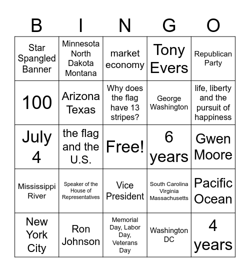 Citizenship Bingo Card