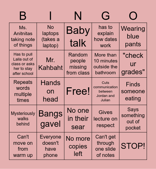 Mr. Kabats History Class Bingo Card